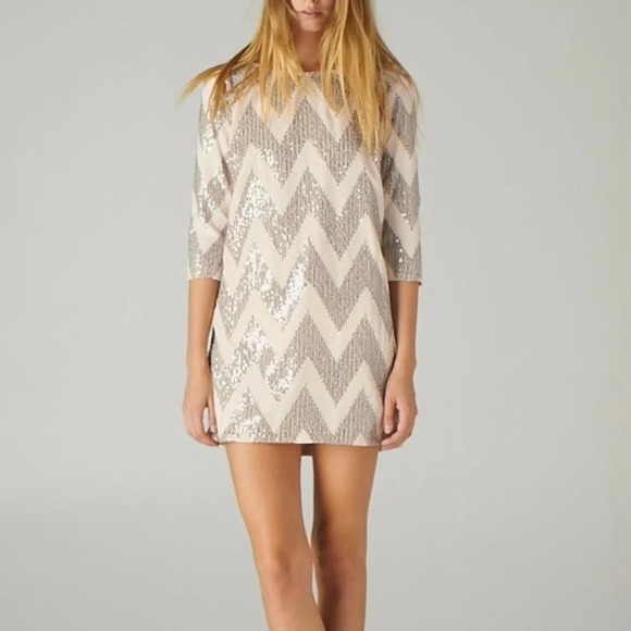 Francesca's Collections Dresses & Skirts - Francesca’s Collections Sequence Silver & Cream Dress Mid Length Sleeve Size S